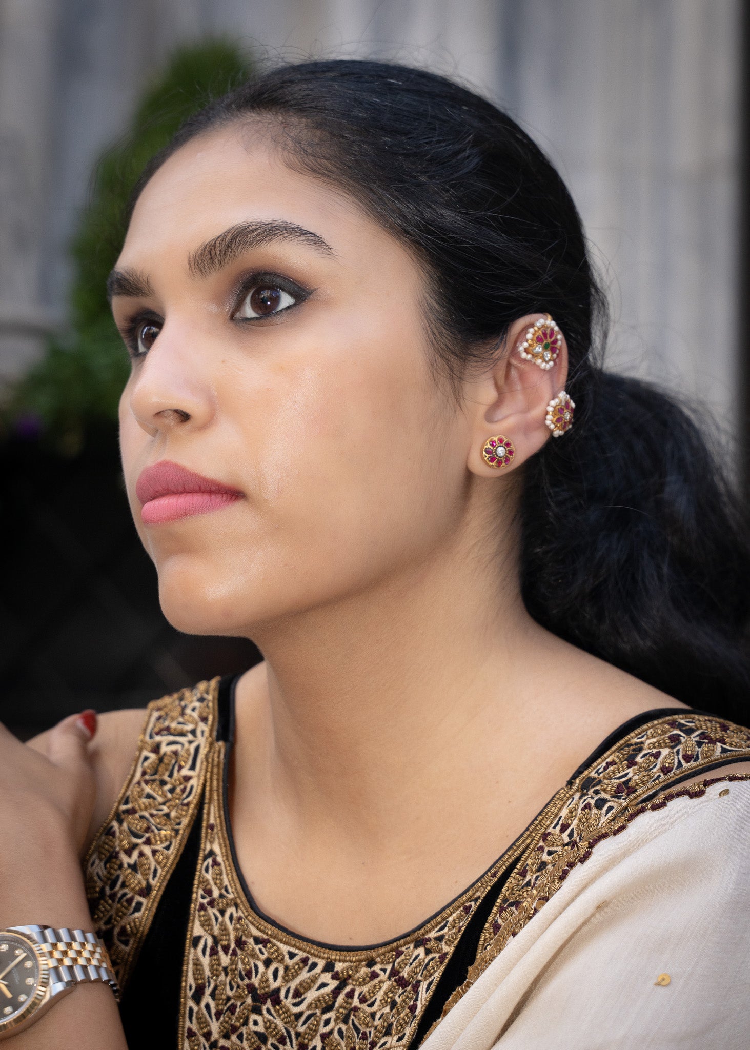 Navi Studs - gold plated 925 sterling silver floral stud earrings - styled view by The Loving Good