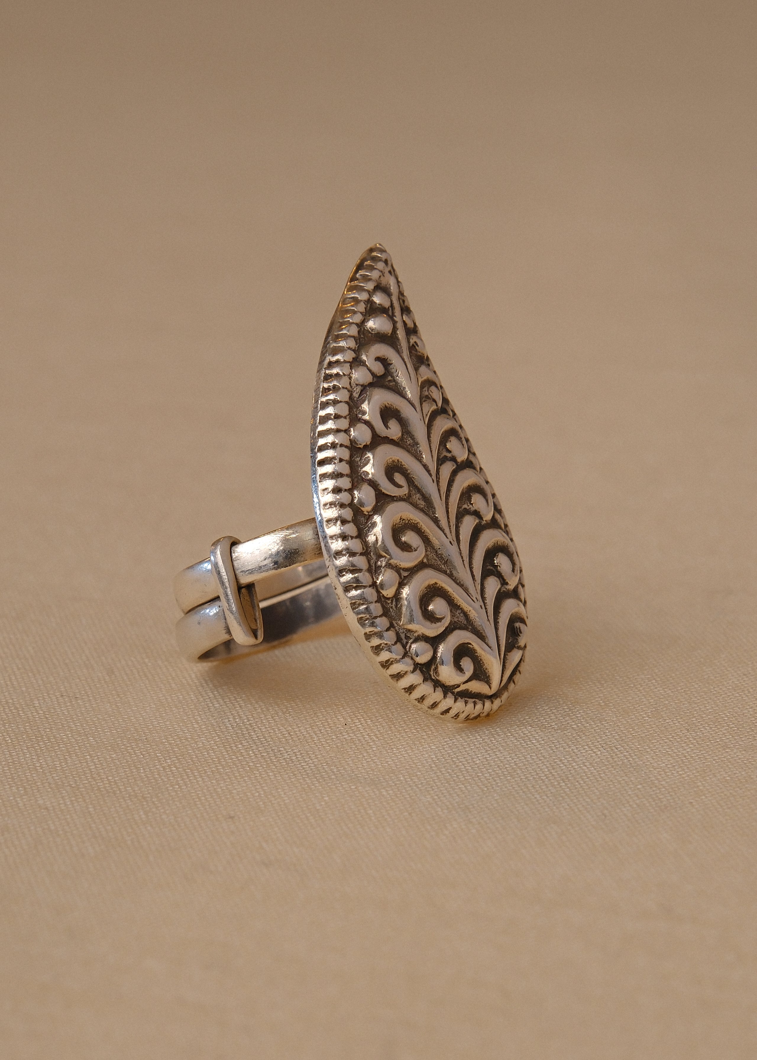 Patra Ring - handcrafted 925 sterling silver leaf motif ring - styled view by The Loving Good