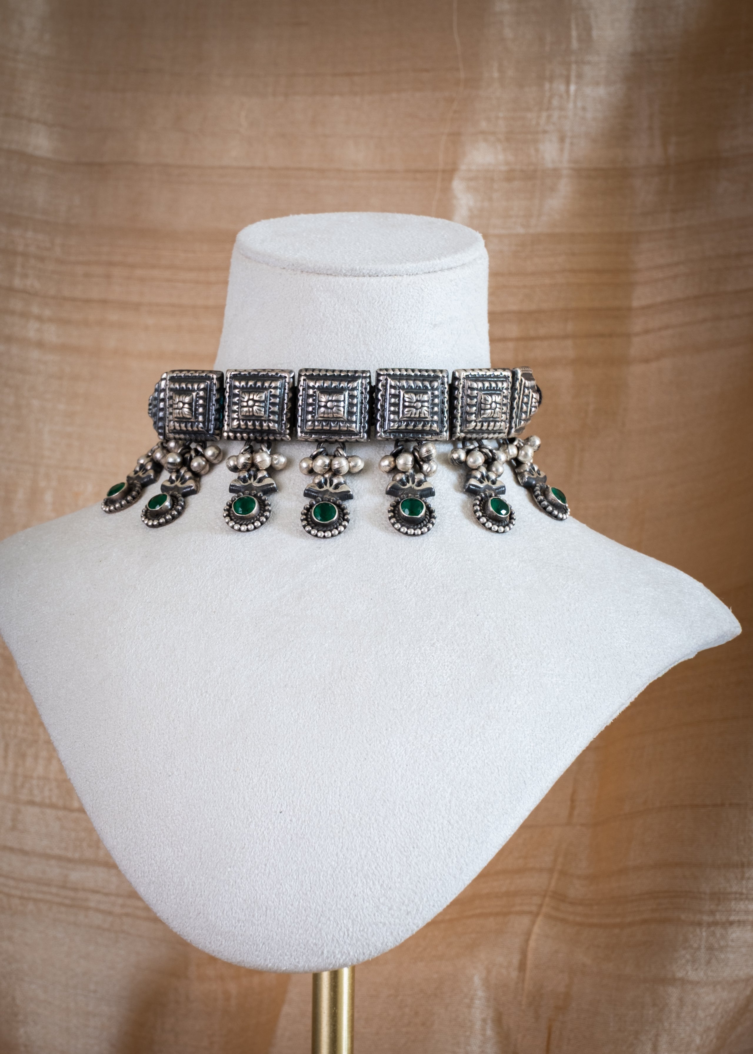 Thulsi Choker - handcrafted 925 sterling silver choker necklace with green stones - styled view by The Loving Good