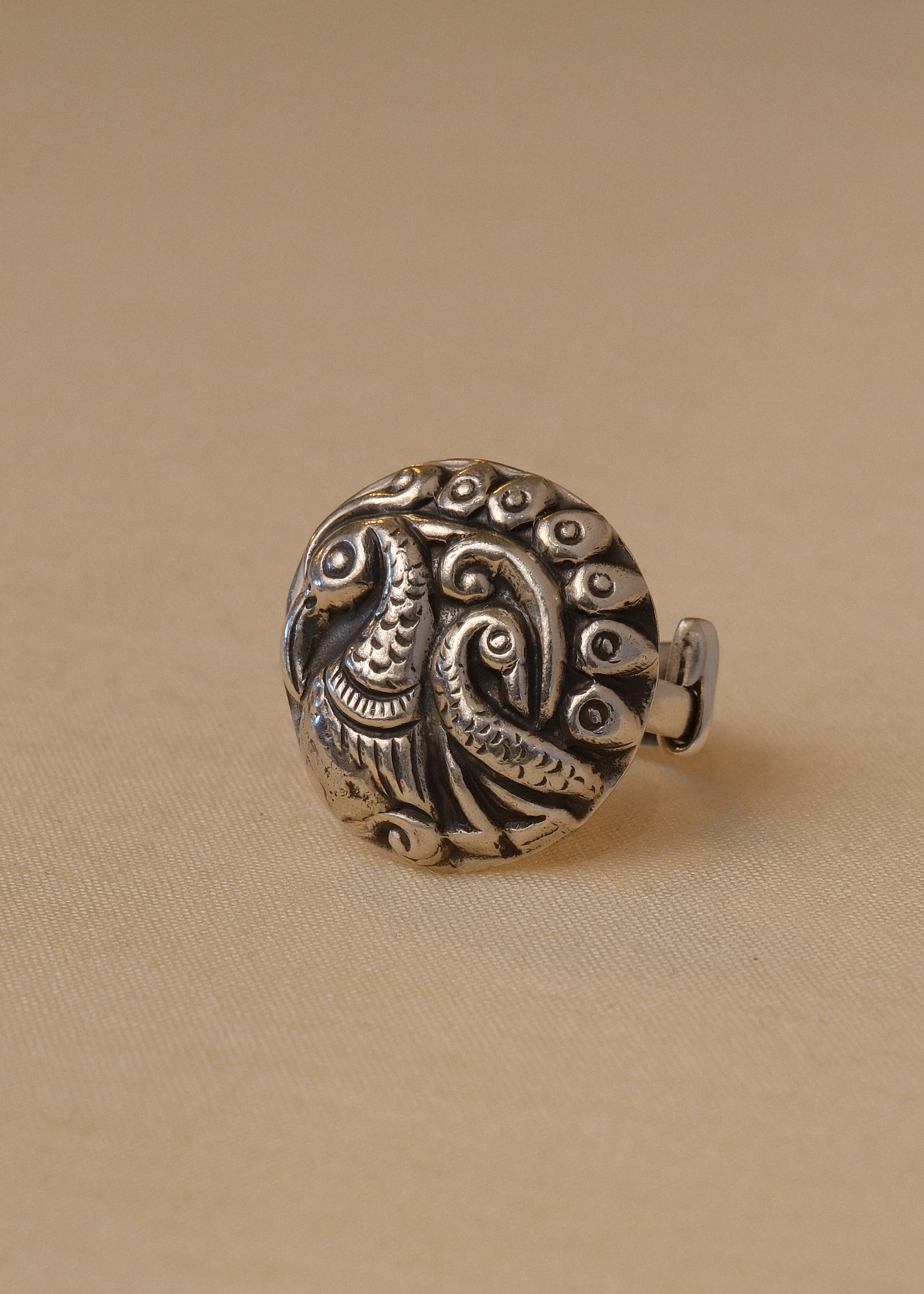 Mayura Coin Ring - handcrafted 925 sterling silver peacock coin ring by The Loving Good
